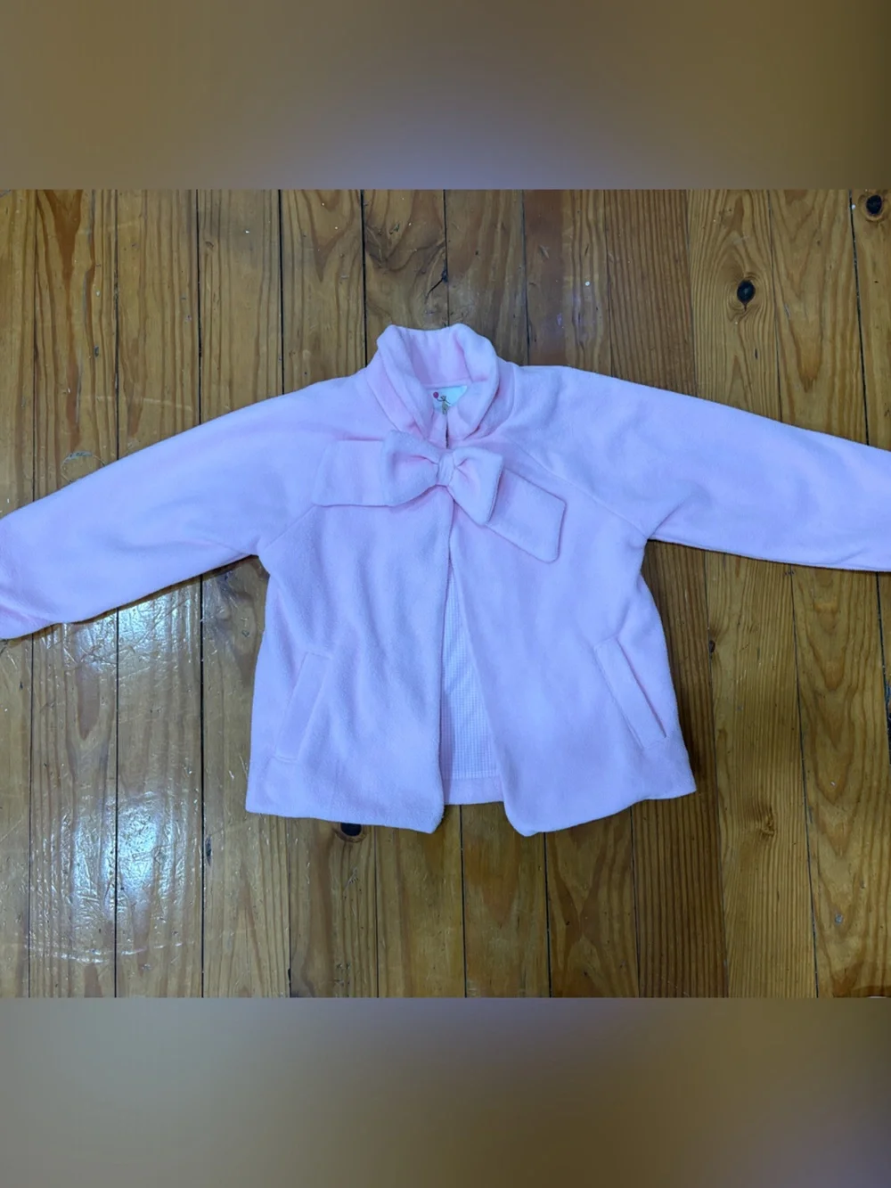 Girls' Bow-Front Pink Fleece Cardigan Jacket 3/4